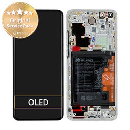 Huawei P40 Pro - LCD Display + Touchscreen Front Glas + Rahmen + Akku Batterie + Fingerabdruck-Sensor Fingerabdruck (Ice White, Silver Frost) - 02353PJK Genuine Service Pack