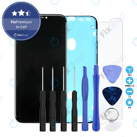 Apple iPhone XR - LCD Display + Touchscreen Front Glas + Rahmen In-Cell FixPremium + LCD Klebestreifen Sticker + Gehärtetes Glas + Werkzeugsatz - Multipack